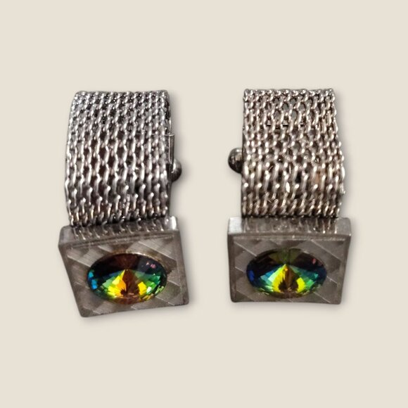 Vintage Estate Mesh  Silver Tone Cufflinks With Watermelon Rhinestone - Picture 4 of 7